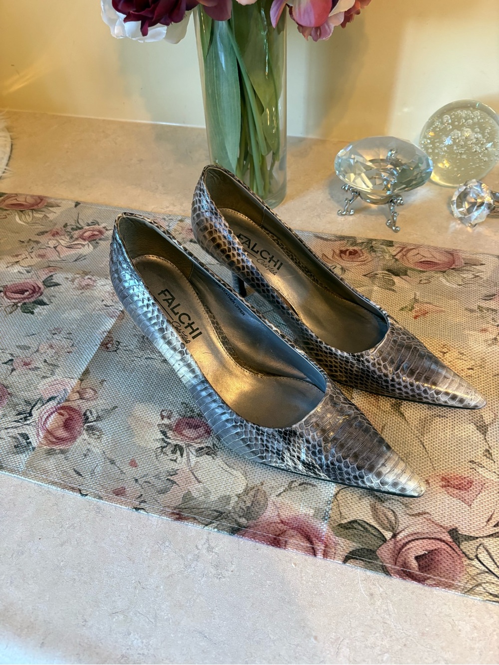Falchi Women's Pointed Toe Snake-Print Pumps in Metallic Gray